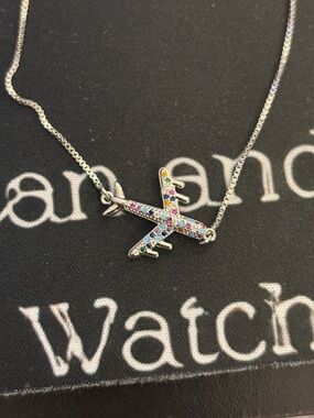 Silver Airplane Pendant Necklace with Multicolor Stones